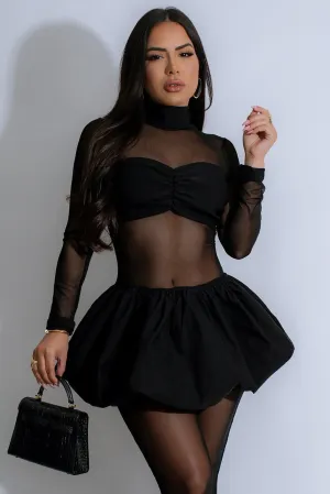 Sheer Mesh Patchwork High Neck Long Sleeve Bubbled Hem Mini Dresses-Black