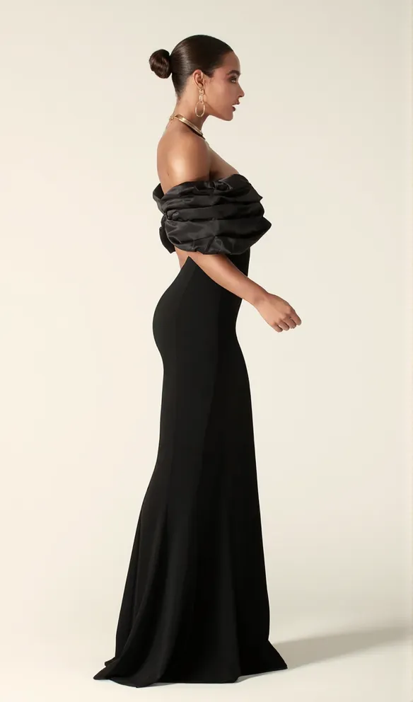 Sophia Off Shoulder Ruched Maxi Slit Dress in black