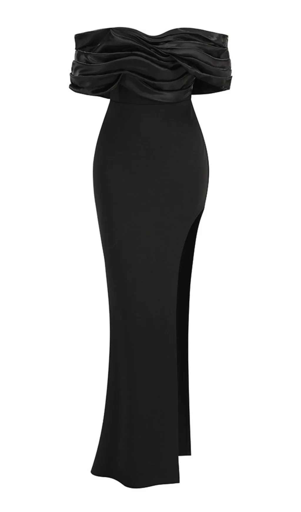 Sophia Off Shoulder Ruched Maxi Slit Dress in black