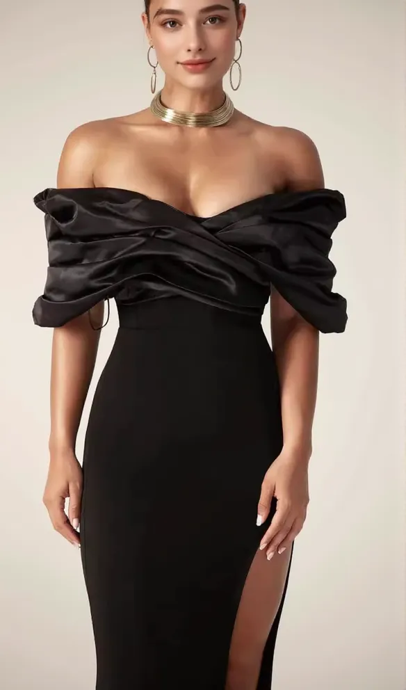 Sophia Off Shoulder Ruched Maxi Slit Dress in black