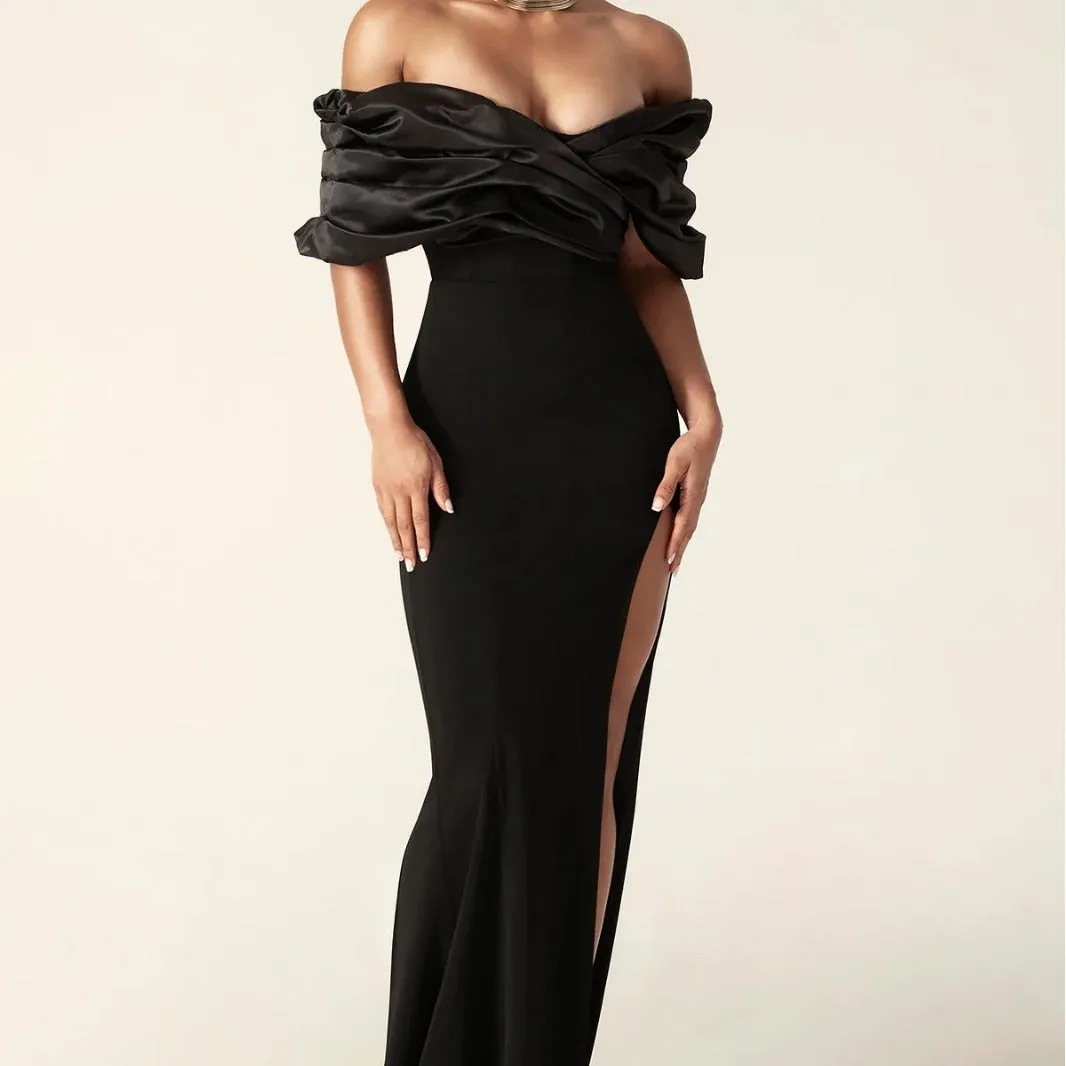 Sophia Off Shoulder Ruched Maxi Slit Dress in black