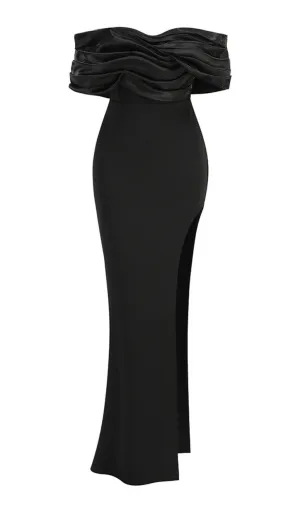 Sophia Off Shoulder Ruched Maxi Slit Dress in black