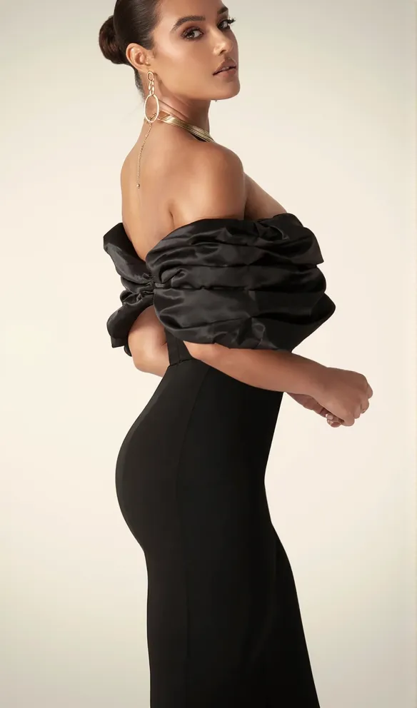Sophia Off Shoulder Ruched Maxi Slit Dress in black