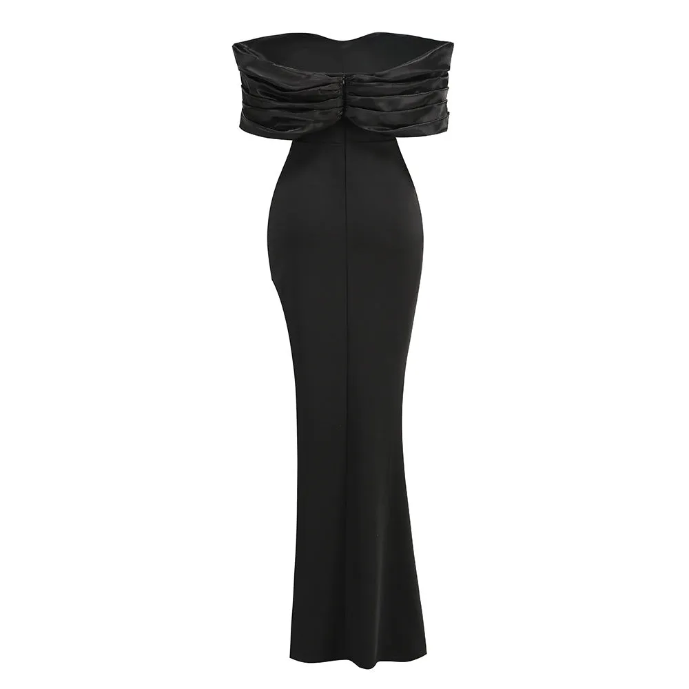 Sophia Off Shoulder Ruched Maxi Slit Dress in black
