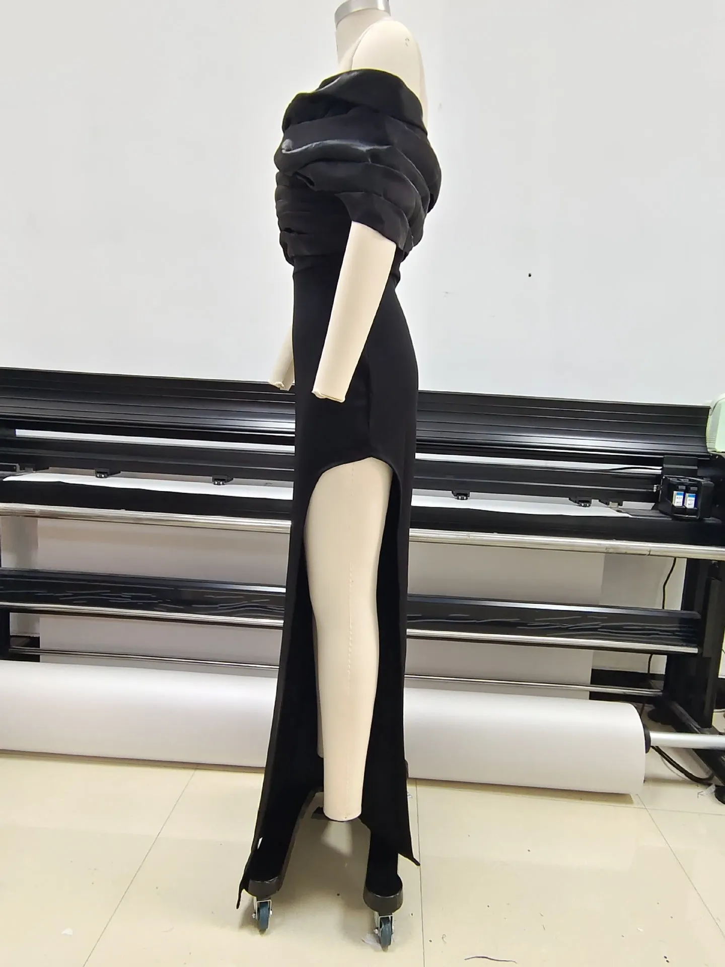 Sophia Off Shoulder Ruched Maxi Slit Dress in black