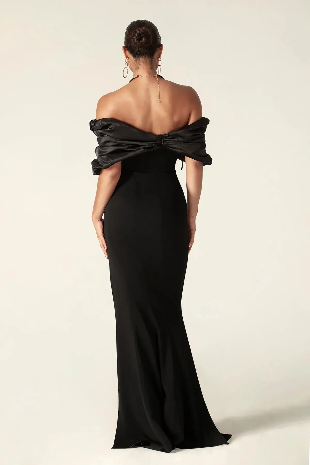Sophia Off Shoulder Ruched Maxi Slit Dress in black