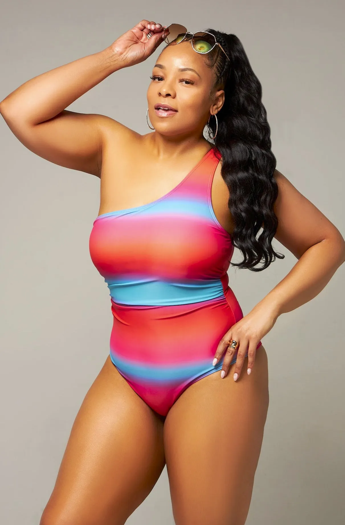 Striped Cotton Candy Ruched Waist One Shoulder Swimsuit (Pre-Order)