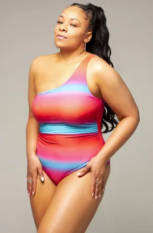 Striped Cotton Candy Ruched Waist One Shoulder Swimsuit (Pre-Order)