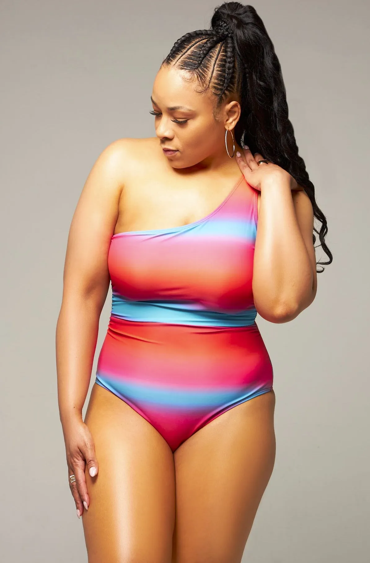 Striped Cotton Candy Ruched Waist One Shoulder Swimsuit (Pre-Order)