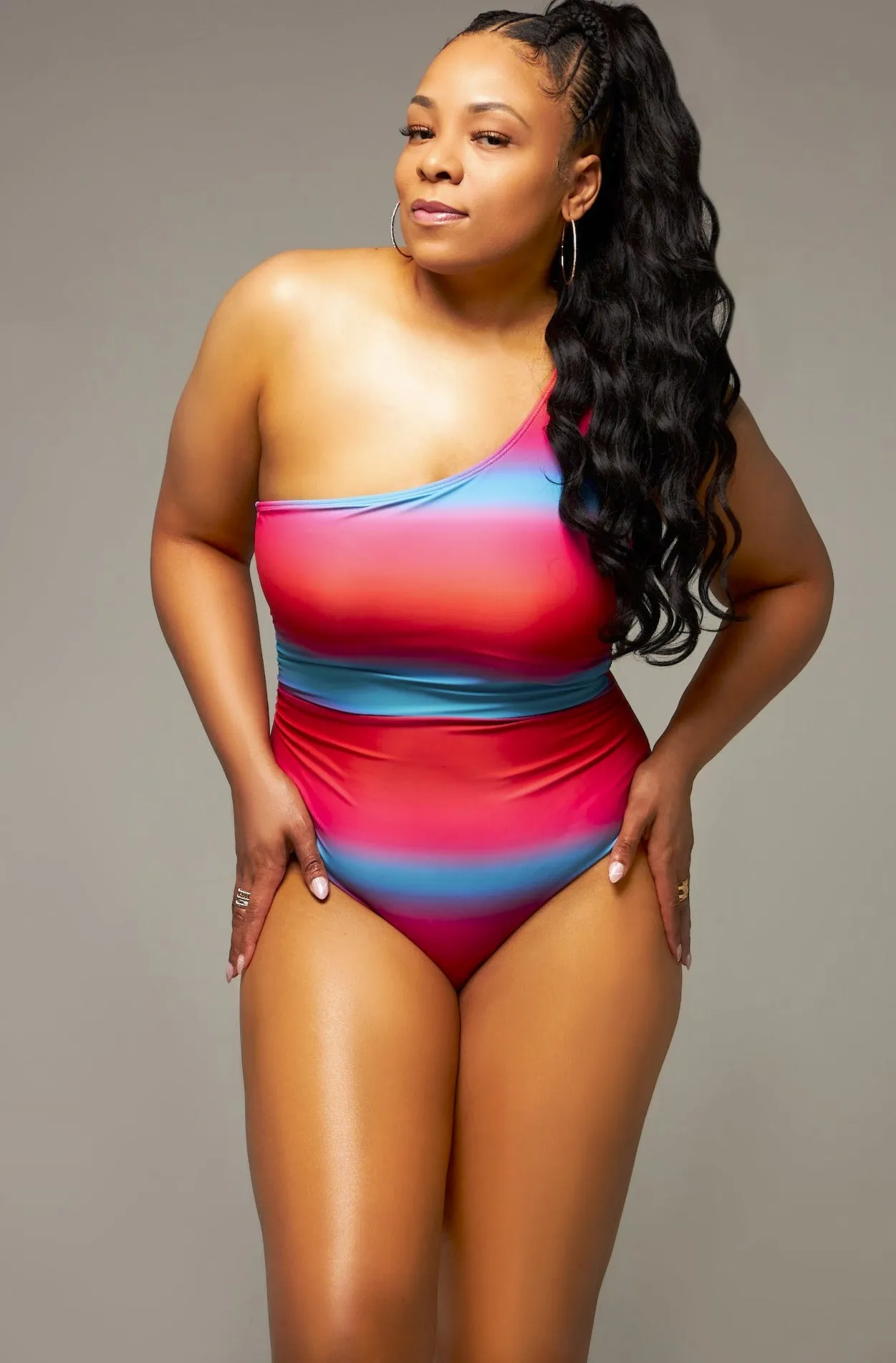 Striped Cotton Candy Ruched Waist One Shoulder Swimsuit (Pre-Order)