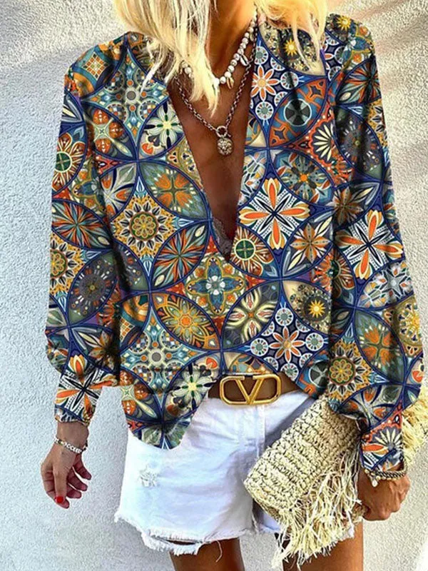 V Neck Courtre Print Blouse