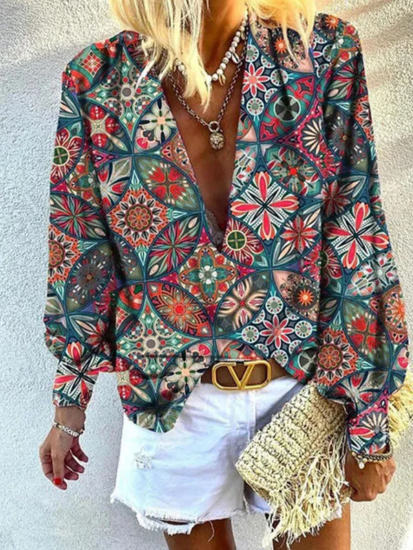 V Neck Courtre Print Blouse