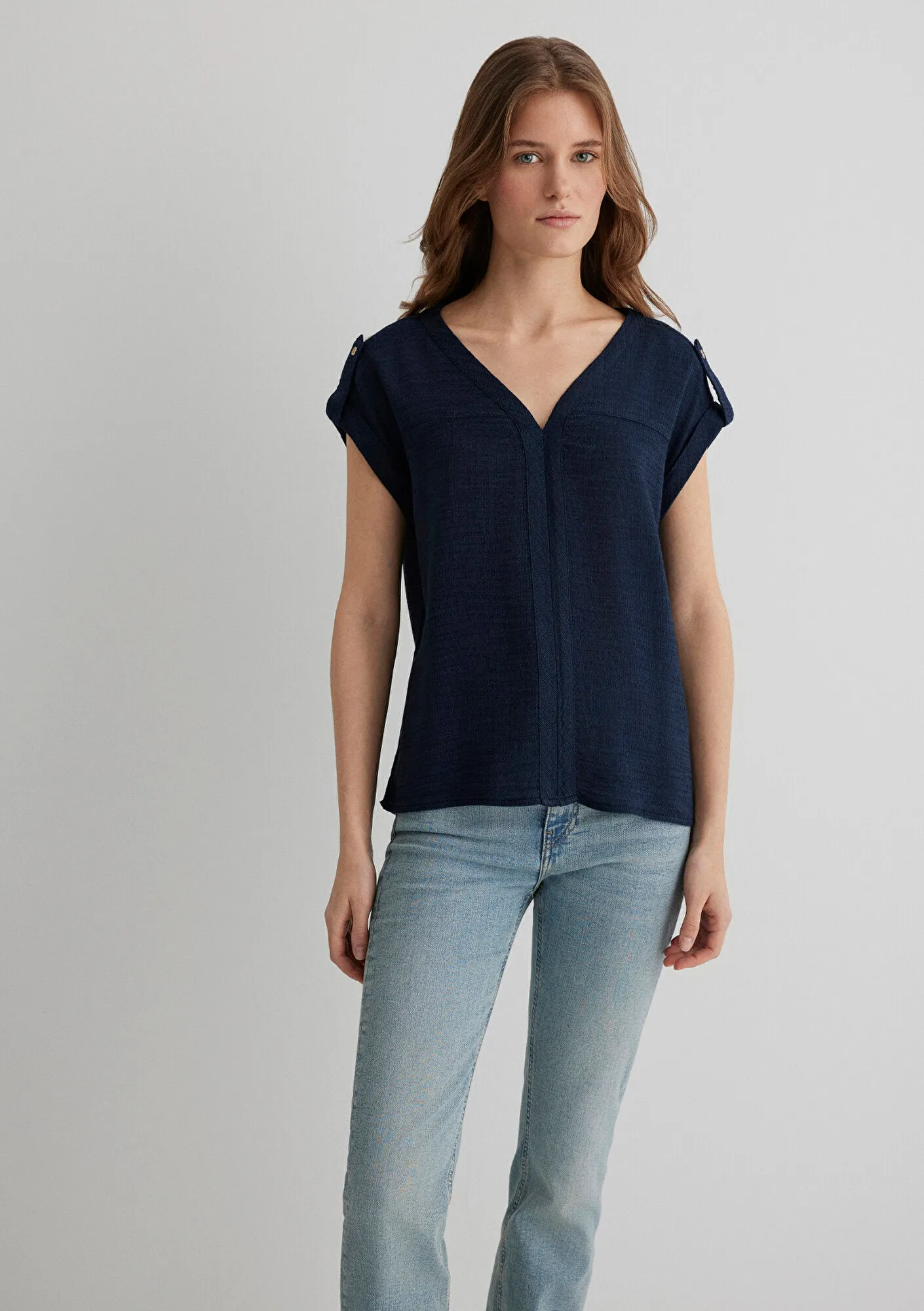 V Neck Navy Blouse