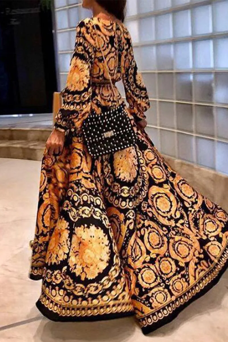 Vintage Print Frenulum V Neck Printed Dresses