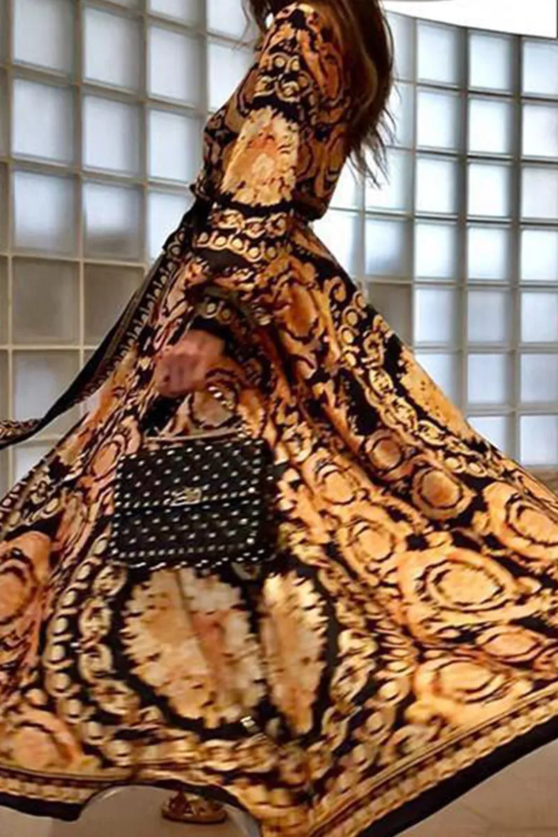 Vintage Print Frenulum V Neck Printed Dresses