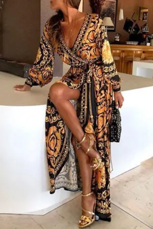 Vintage Print Frenulum V Neck Printed Dresses