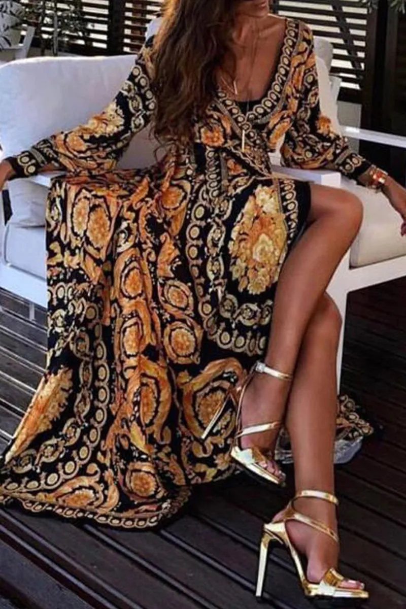 Vintage Print Frenulum V Neck Printed Dresses