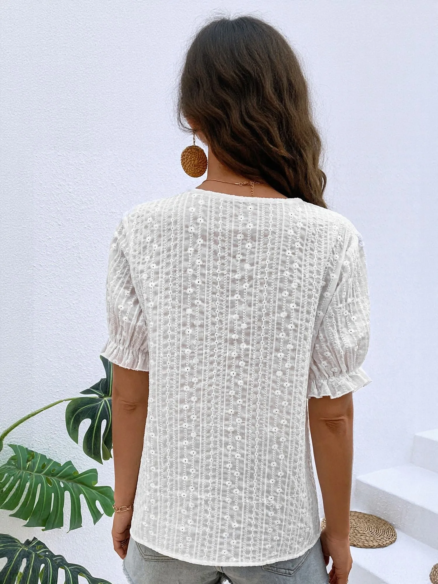 White V Neck Textured Blouse