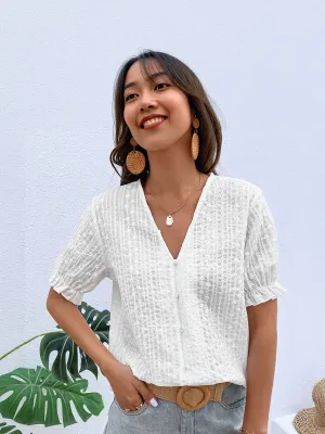 White V Neck Textured Blouse