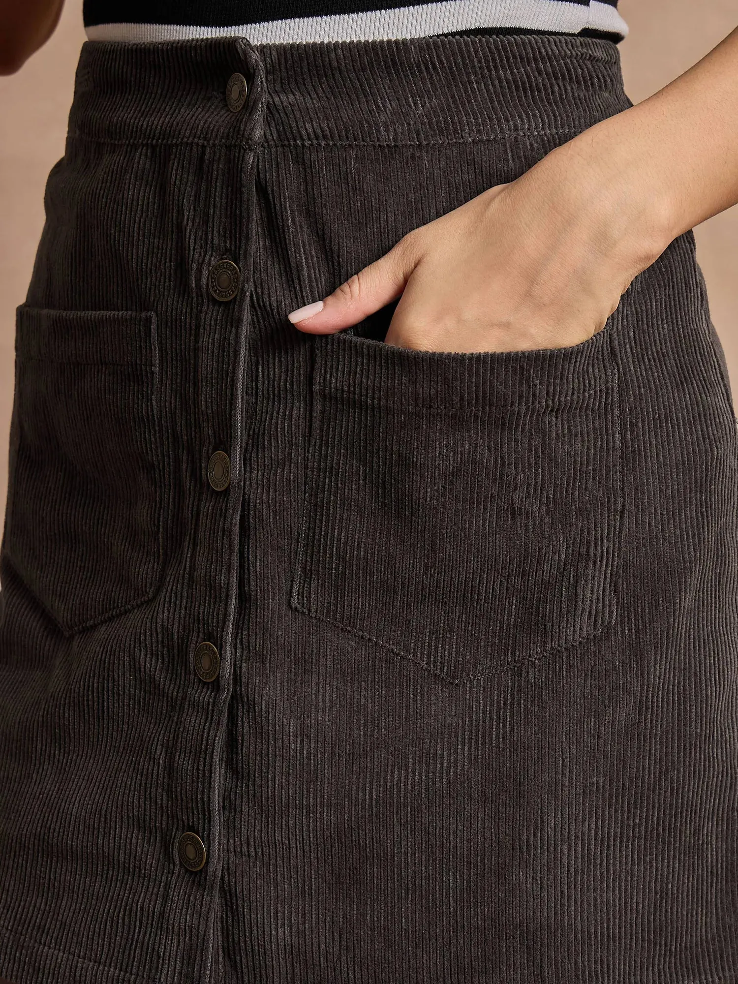 Women Dark Grey Corduroy Front Button Mini Skirt-SFSKRT30473