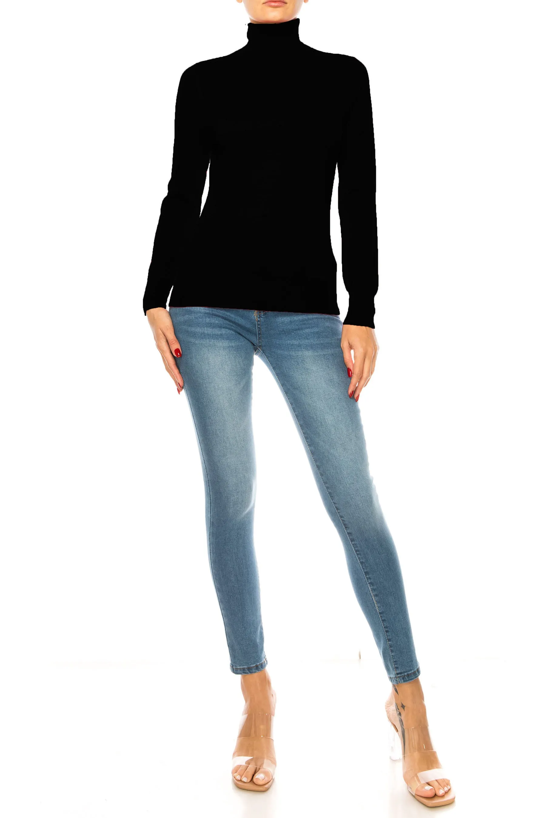 Women's Long Sleeve Turtleneck Semi Fitted Knitted Pullover Sweater Tops