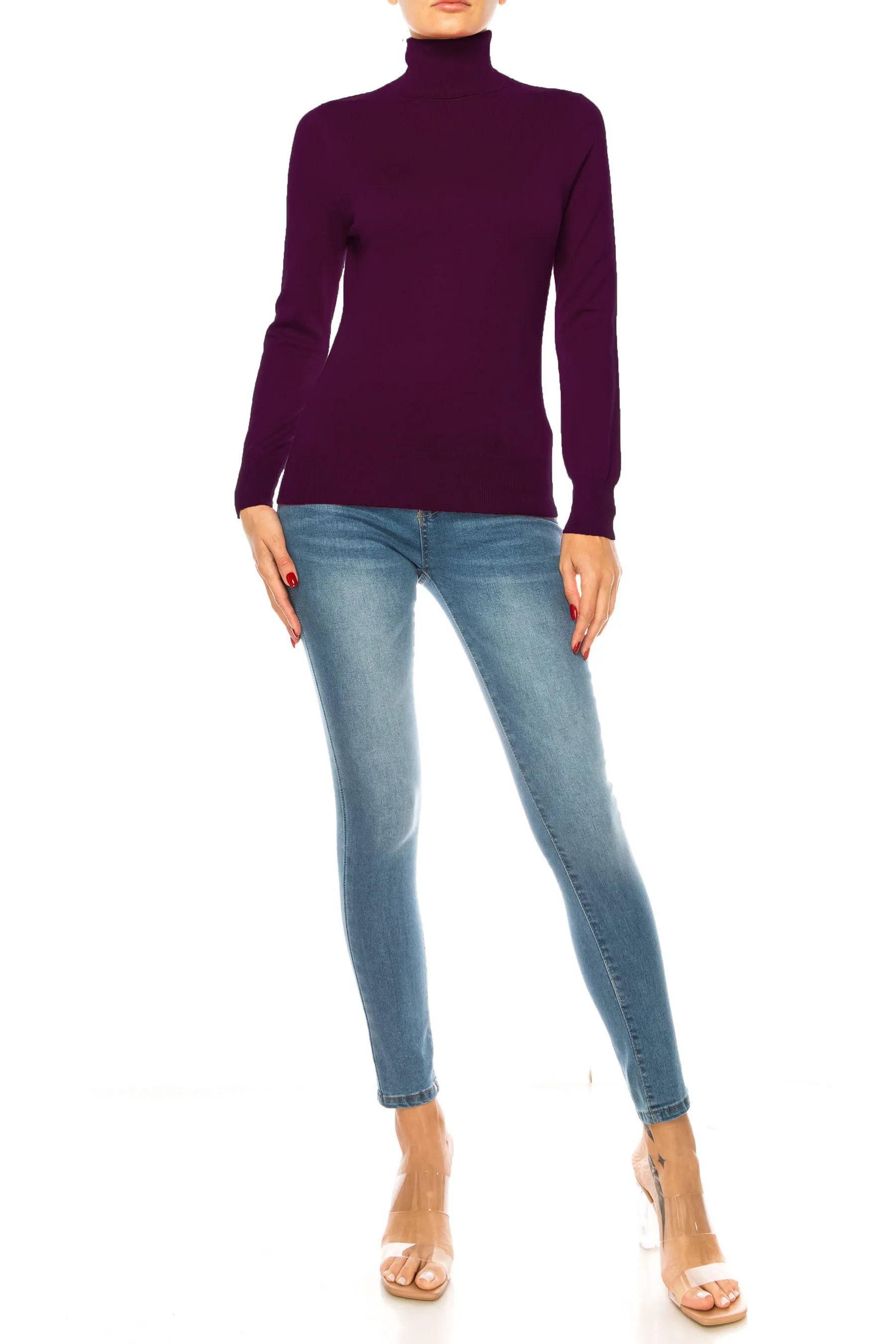 Women's Long Sleeve Turtleneck Semi Fitted Knitted Pullover Sweater Tops