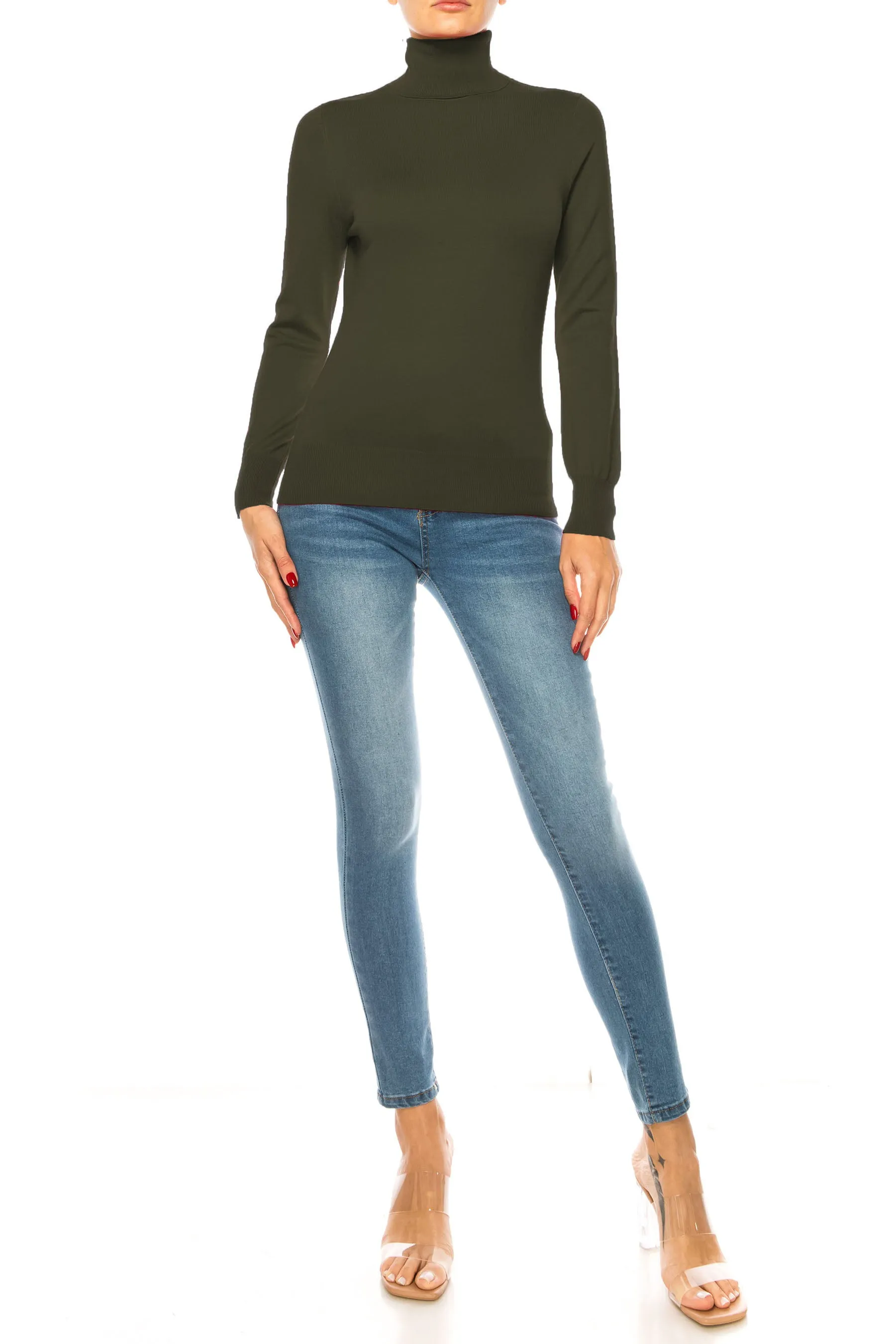 Women's Long Sleeve Turtleneck Semi Fitted Knitted Pullover Sweater Tops