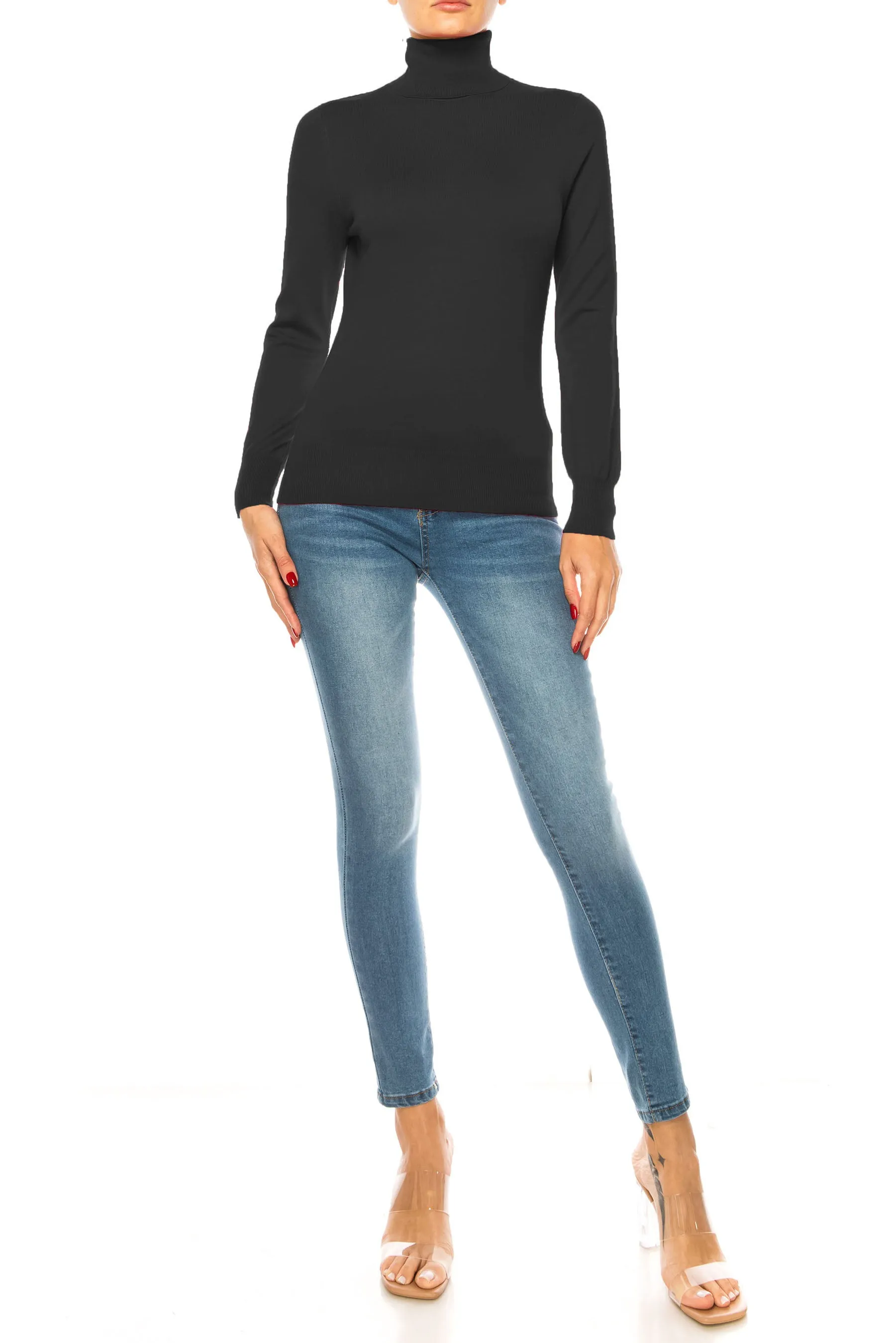 Women's Long Sleeve Turtleneck Semi Fitted Knitted Pullover Sweater Tops