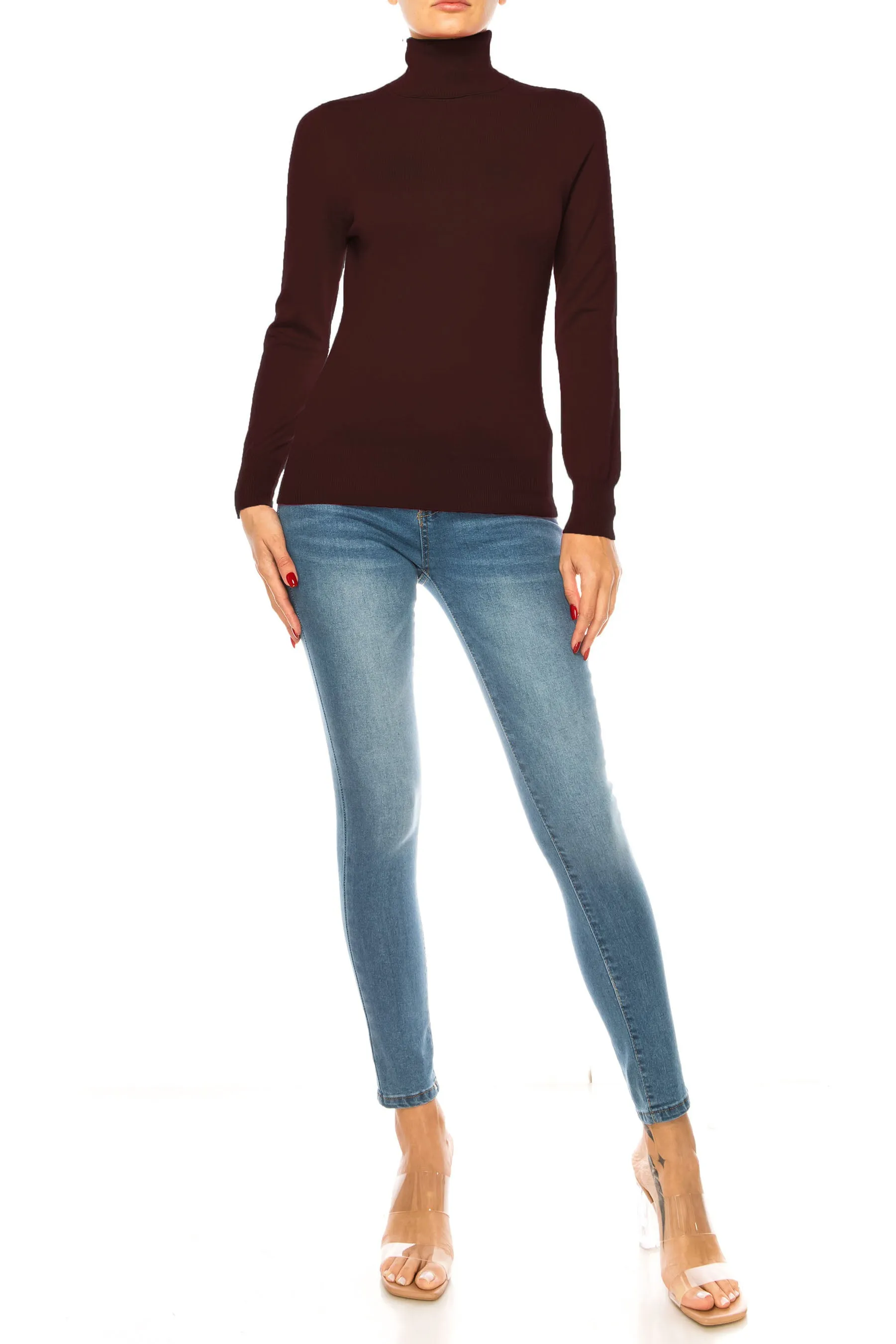 Women's Long Sleeve Turtleneck Semi Fitted Knitted Pullover Sweater Tops