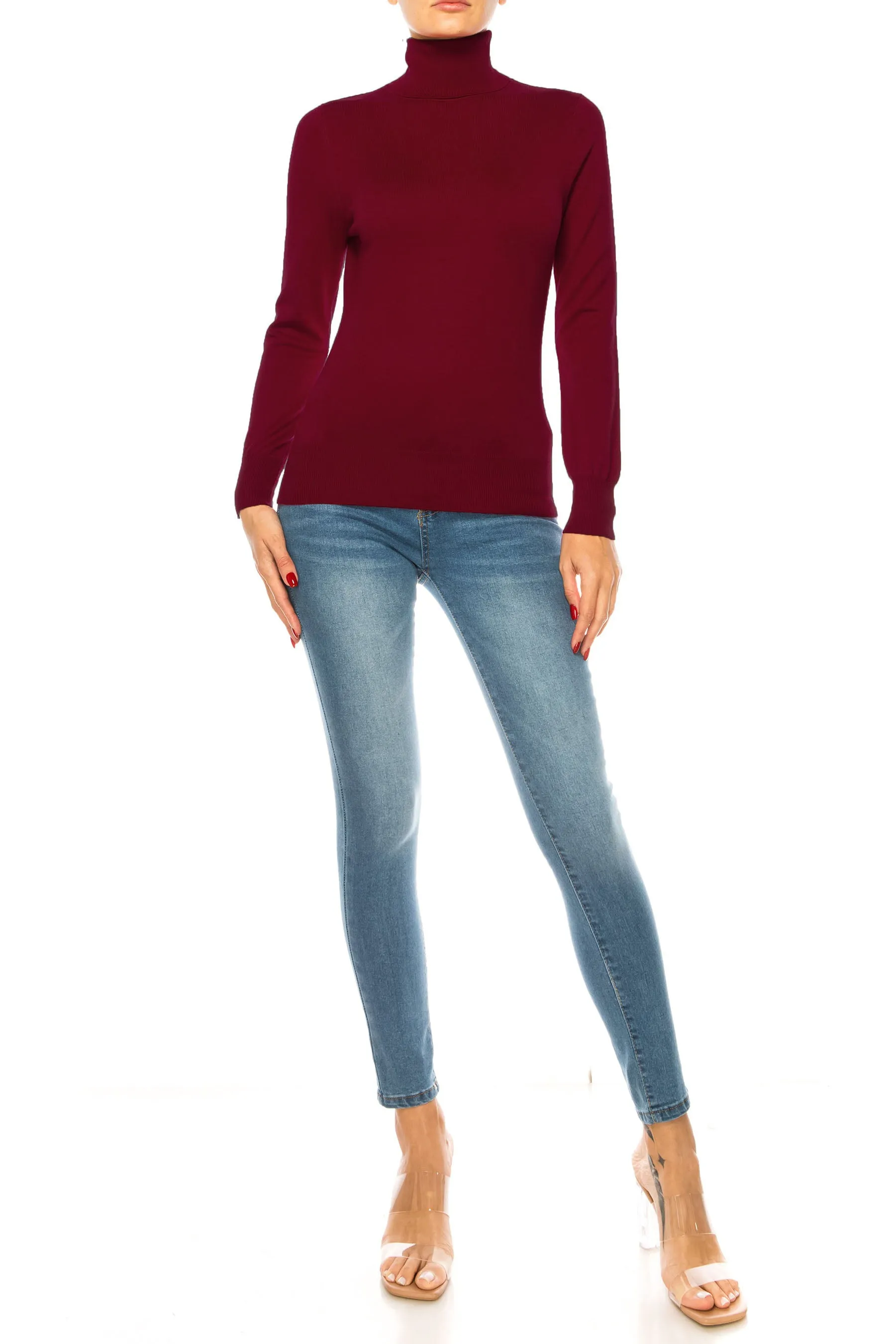 Women's Long Sleeve Turtleneck Semi Fitted Knitted Pullover Sweater Tops